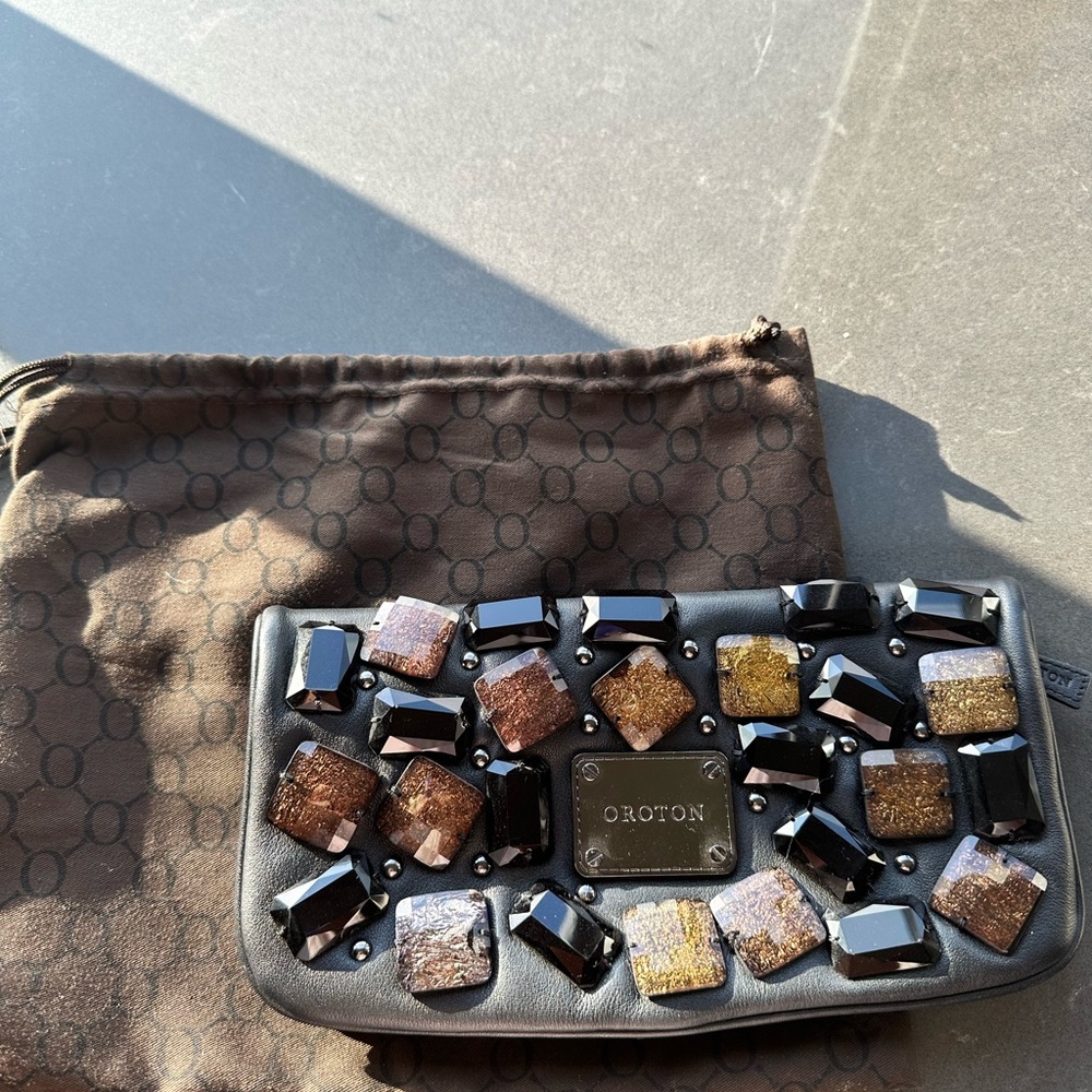 Oroton Black and Gold Embellished Clutch